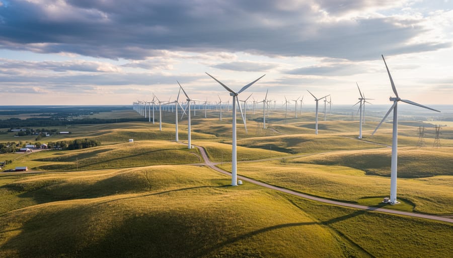 Wind turbines in the distance with a Canadian landscape under a bright, overcast sky.