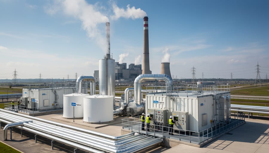 Industrial steel piping and facilities with a steam plume at sunrise, suggesting carbon capture infrastructure.