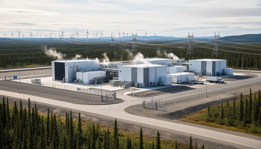 Low-angle view of a modern nuclear power facility exterior under a blue sky.