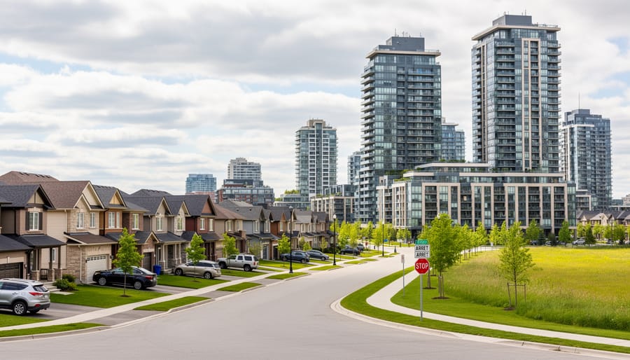 Canadian neighborhood street showing suburban homes transitioning toward taller apartment buildings
