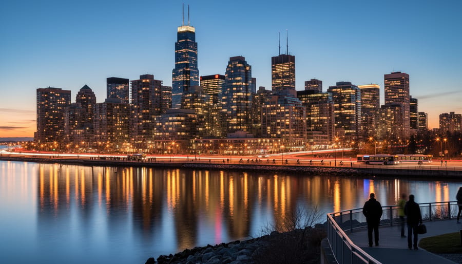 Downtown skyline of a Canadian city at dusk with illuminated streets and traffic light trails