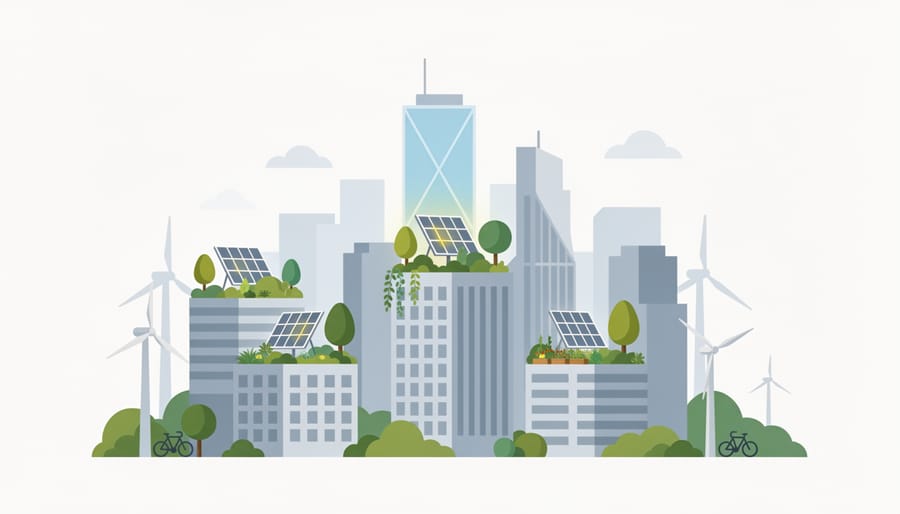 Rooftop solar panels and green rooftop plants on a modern Canadian apartment building