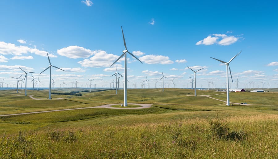 Wide low-angle view of wind turbines on a Canadian coastline under an overcast sky.