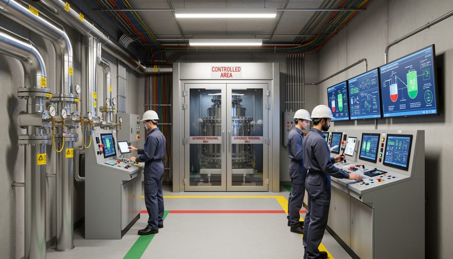 Eye-level view of a compact nuclear facility mockup near modern industrial equipment with soft golden-hour lighting.