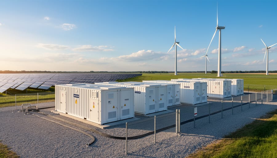 Industrial yard view of a large container-style battery energy storage system with utility infrastructure in the background.