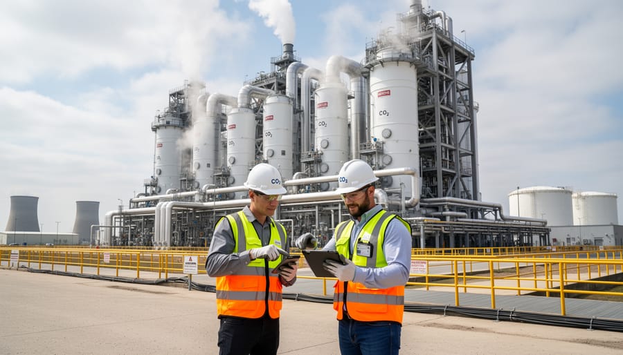 Workers in safety vests inspecting equipment at an industrial carbon capture installation near pipes and stacks.