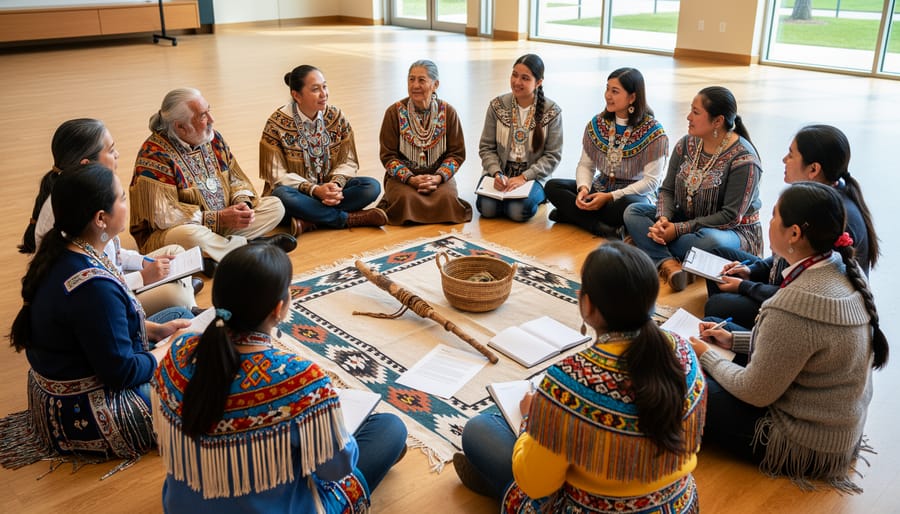Members of an Indigenous community sit in an outdoor circle, with an Elder and woven textiles visible in the foreground.