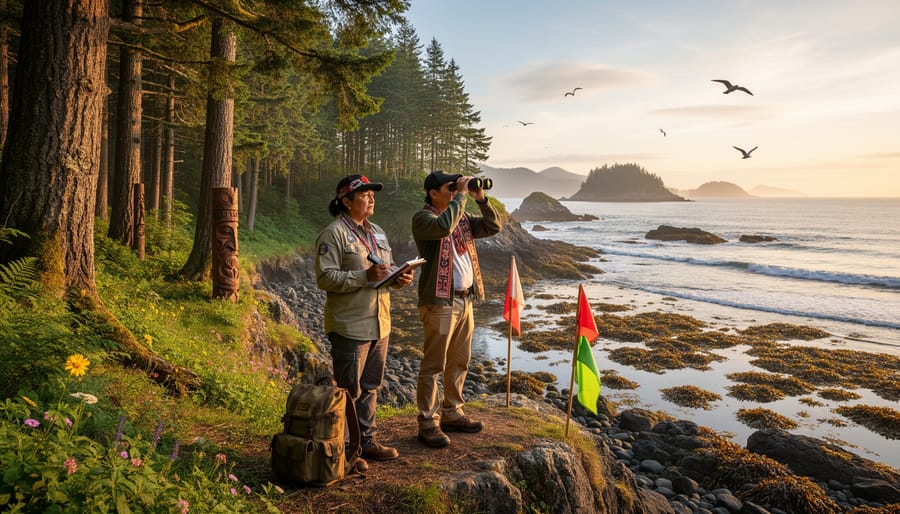 Indigenous Guardians wearing outdoor gear walking along a misty forest shoreline with binoculars.