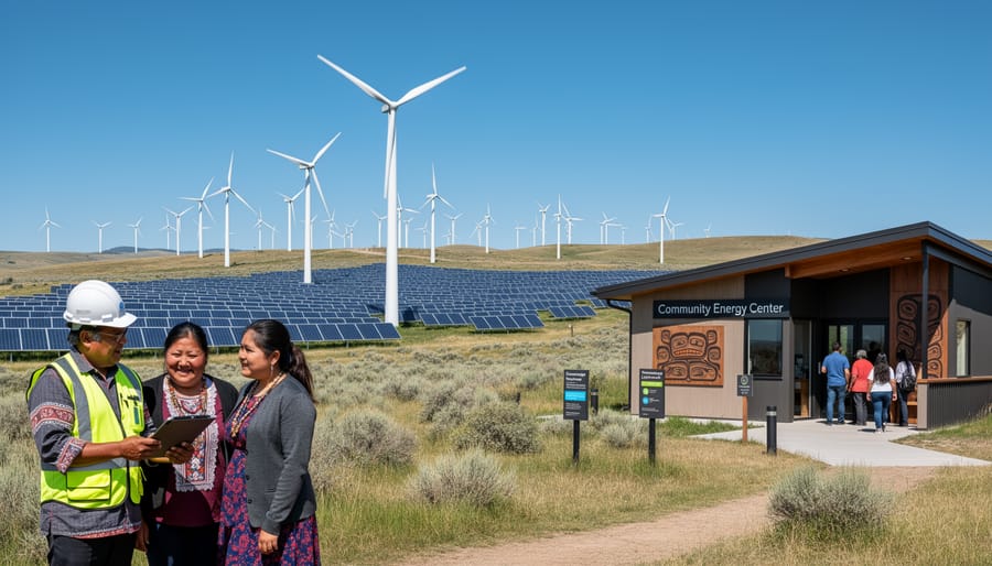Solar panels on a community site with prairie vegetation in the background under an overcast sky.
